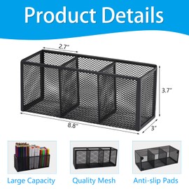 Flytreal 2PCS Black Mesh Pen Pencil Holder, Small Metal Desk Organizer Desktop Stationery Office Supplies Acessories Storage Stand, 3 Compartments Brushes Holder for Home School Classroom Teachers