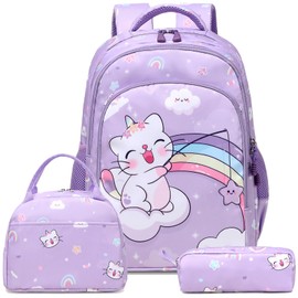 Cat Unicorn Children's Backpack Girls Cute Backpack for Children Students 3-Piece Sets School Bag for Children Girls Waterproof School Bags for School 1-3 Class, Purple Fishing Pistol, Playful-Lilac