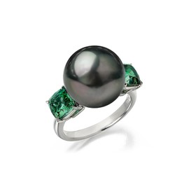 Hipearl Tahitian Black Pearl Ring for Women with Emeralds Side Stones, AAA Quality Handpicked Nature 12mm Black Pearl Anniversary Engagement Rings for Women, Size 5-9 (Black Pearl & Emerald, 9)