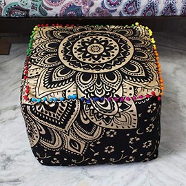 Craft Kala Square Mandala Meditation Floor Pillows Seating for Hippie Decorative Adults Bohemian Circle Floor Cushion Outdoor Living Room Throw Ottoman Poufs Cover (22X22X14 inches, Black Gold Flower)