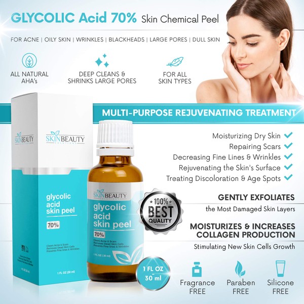 GLYCOLIC Acid 70% Skin Chemical Peel - Unbuffered - Alpha Hydroxy (AHA) For Acne, Oily Skin, Wrinkles, Blackheads, Large Pores,Dull Skin (1oz/30ml)