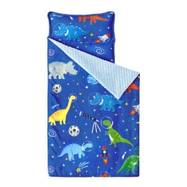 Wake In Cloud - Toddler Nap Mat with Pillow and Minky Fleece Blanket, for Kids Boys in Daycare Preschool Kindergarten, Roll Up Sleeping Bag, Dinosaur Astronauts Rocket Space, Royal Blue, Standard