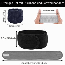 BTIYMU Set of 6 Make-Up Hair Bands, Cosmetic Wrist Wash Band Set, Spa Headband, Skincare, Terry Towelling Hair Bands, Women's Make-Up Hair Band, Hair Band, Make-Up Beauty Headband, Black, Grey
