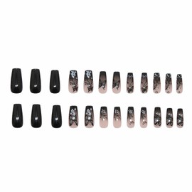 MERVF Coffin Press on Nails Long Fake Nails Black Ombre French Tip Glue ons Nail Butterfly Design Acrylic Gothic Ballerina Supplies DIY Manicure Glossy 24pcs