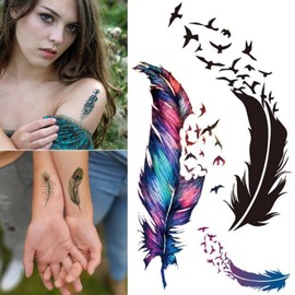 Feather Temporary Tattoos Stickers, 6 Sheets Small Fake Tattoos for Women & Girls, Waterproof Realistic Makeup Face Body Tattoos (Colorful, L4.1"xW2.4"/ L10.5xW6 cm)