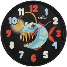 MPM Quality Design Children's Plastic Wall Clock, Made in EU, Black/Colourful, Fish Motif, Quartz Clock, Modern Wall Decoration, Round Children's Clock, Diameter 250 x 20 mm, for Children's Room,