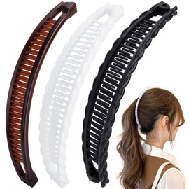 Mxxipp 3pcs French Banana Clips, Non-Slip Classic Large Hairstyle Claws, Fish Shaped Double Combs Hair Holder for Women Curly Straight Long Thick Thin Hair- White & Black & Coffee