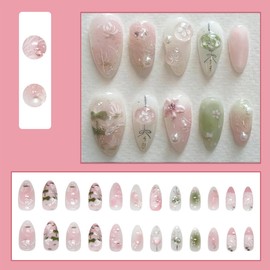 Flower Press on Nails Rhinestone Fake Nail Artificial Almond Nails Press on Short 3D Pearl Design Acrylic Nails Cute Style Full Cover Nail Tips with Fashionable for Women Girls Daily Wear Nail 24 Pcs
