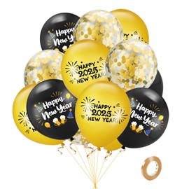 New Years Eve Decorations 2025 - Black and Gold Balloons,15Pcs 12 Inch Gold Black Latex Balloons 2025 Happy New Year Party Balloons for New Years Eve Party Supplies