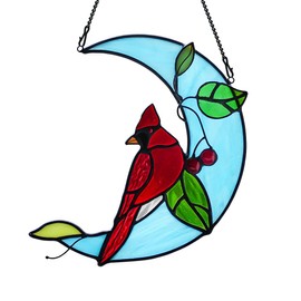 HAOSUM Cardinal Birds Decor Stained Glass Suncatcher,Red Cardinal Memorial Gifts for Mother,Stained Glass Birds Window Hangings Moon Decor,Bird Gifts for Bird Lovers Women Grandma
