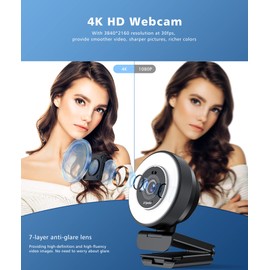 Spedal 4K Webcam with Ring Light, Built-in Privacy Cover and Dual Microphone, Fast AutoFocus, Adjustable Brightness, USB Streaming Web Camera with Tripod, for Zoom Twitch Teams YouTube Skype Meeting