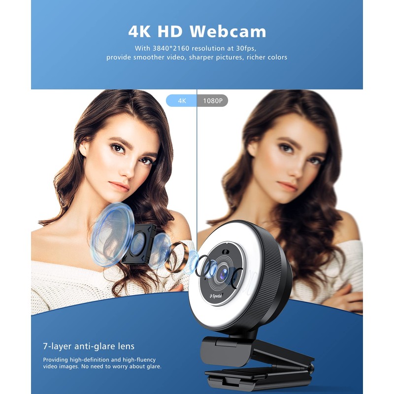 Spedal 4K Webcam with Ring Light, Built-in Privacy Cover and