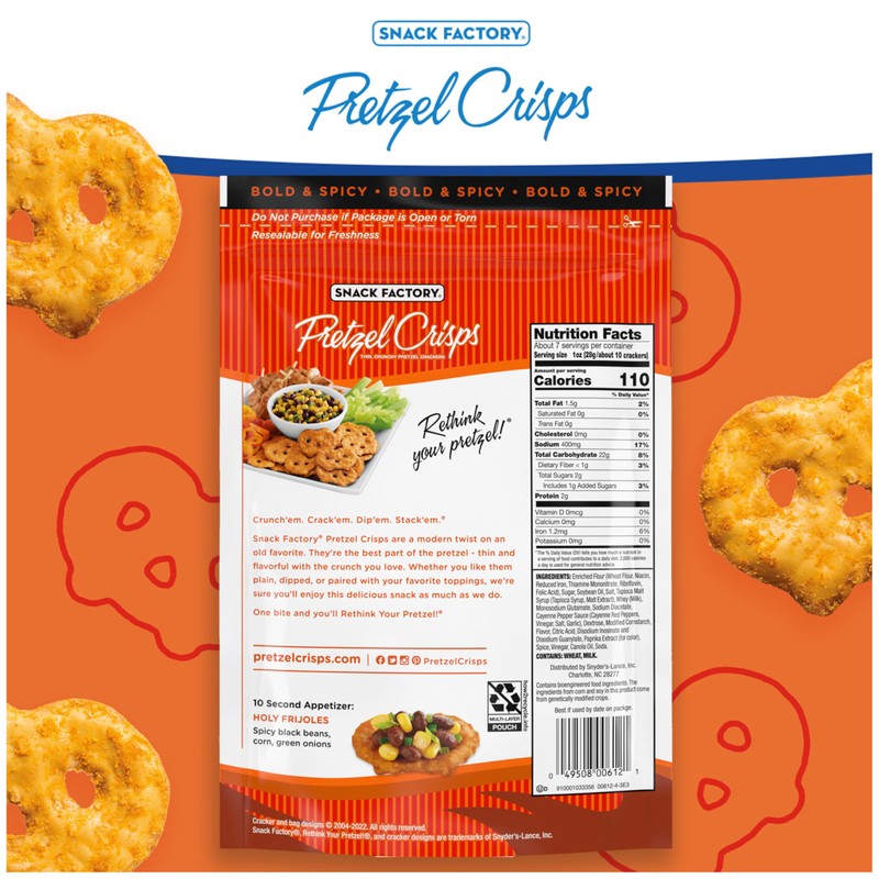 Snack Factory Buffalo Wing Pretzel Crisps, Non-GMO, 7.2 OZ Resealable