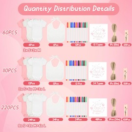 BOUBONI 60 Pcs DIY Baby Bibs Bodysuit Set Baby Shower Game 6 White Baby Bibs 6 Newborn Bodysuit 12 Fabric Markers 12 Stencils 23 Clothespins 1 Hemp Rope for Baby Shower Boys Girls