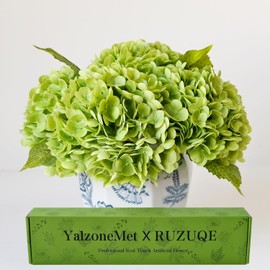 YalzoneMet - 3 hortensias artificiales de 21 pulgadas, color verde oscuro, natural, realista, tacto real, artificial, grande, para decoración de casa, fiesta, al aire última intervensión, boda, mesa