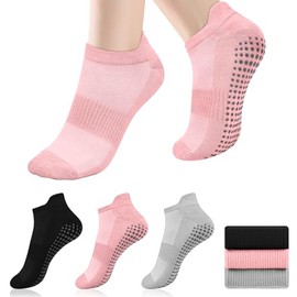 Tobfit 3 Pairs Pilates Socks for Women Non Slip Grip Sock Yoga Socks Ankle Grippy Sock Woman Black+Pink+Grey
