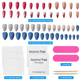 Flower Press on Nails Almond,30Pcs Blue Press on Nails Short Almond and 24Pcs Pink Flowers French Tip Press on Nails Full Cover Glue on Nails Acrylic Stick on Nails for Women Manicure Decorations