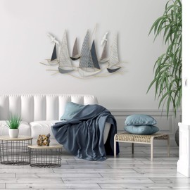 WHW Whole House Worlds Rustic Regatta Sail Boats, Abstract Modern Art, Gold, Blue, Grey and White, Distressed Metal, Wall Sculpture, 42.5 W x 26 .75 H Inches (108.0 W x 68.0 H cm) Cap