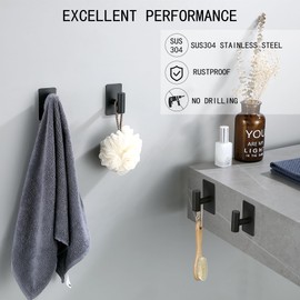 Nolimas Adhesive Towel Hooks, Heavy Duty Wall Hooks, Towel Hooks for Bathrooms Adhesive, SUS304 Stainless Steel Waterproof Sticky Kitchen Hooks for Hanging Towel,Clothes,Robe,Coat, Matte Black, 4Pack