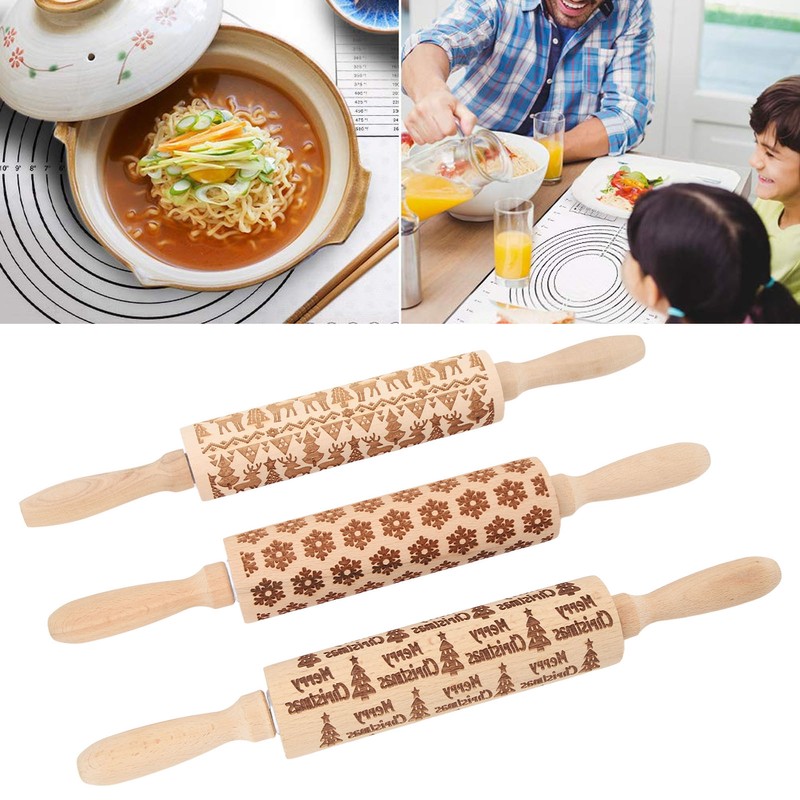 3Pcs Wooden Embossed Rolling Pin Cute Christmas Pattern Engraved Embossing