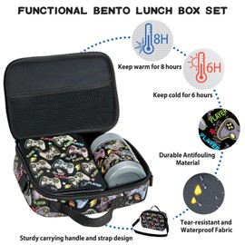 Bento Lunch Box Set for Kids with 10oz Soup Thermo, Leak-Proof Lunch Containers with 4 Compartment, Kids Thermo Hot Food Jar and Insulated Lunch Bag for Kid to School,BPA-Free(Black-Game Console)