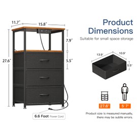 Casaottima Night Stand with Charging Station, End Table for Bedroom Small Nightstand with Fabric Drawers, Tall Nightstand for Bedroom, Bedside Table, Vintage and Black