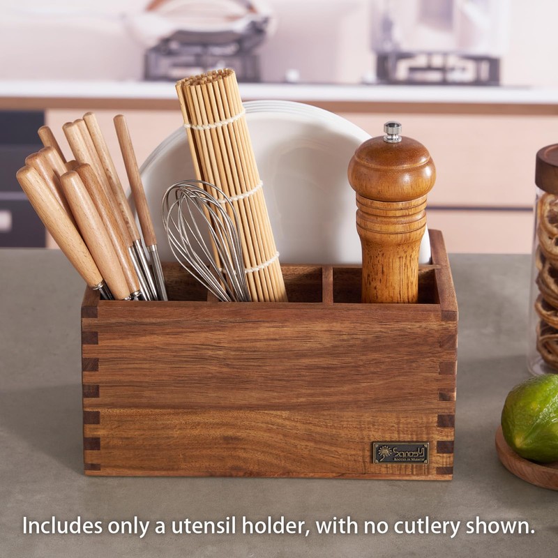 SANOSY Acacia Wood Utensil Holder, Paper Plate Dispenser Organizer for