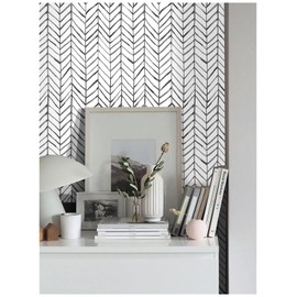 HAOKHOME Black and White Wallpaper Peel and Stick Stripe Herringbone Geometric Textured Self Adhesive Contact Paper Removable for Bathroom 17.7in x 9.8ft