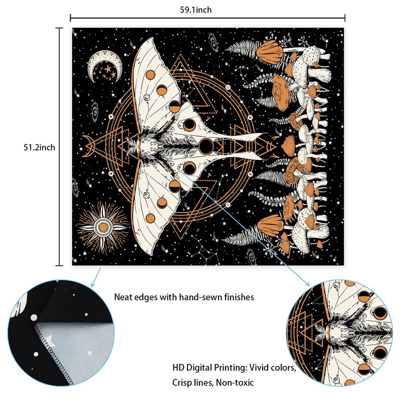 Krelymics Moth Tapestry Mushroom Tapestry Sun and Moon Tapestries Moon