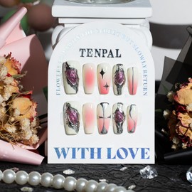 TENPAL Gradient Pink White Press on Nails Medium Sweet Cool Metallic Fake Nails With Cat Eye Swirls Airbrush Designs Ballet Fake Nails With Glue 10Pcs/Box Handmade Stick on Nails For Women Girls(S)