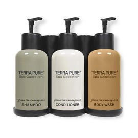 Terra Pure Spa Collection | Wall-Mounted No-Drill Hotel Amenities Dispenser | 10.14oz Bottles | Tamper-Proof Locking Bracket | 1 Bracket with Shampoo, Conditioner, and Body Wash