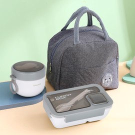 Esilihom Lunch Box Adults, Leakproof Bento Box Set with Lunch Bag, Utensils, Oats Container, for Men Women Student Office School, Food Storage with Fork & Spoon, Grey