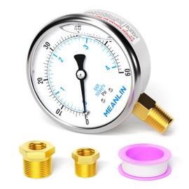 MEANLIN MEASURE 0~60Psi Stainless Steel 1/4" NPT 2.5" FACE DIAL Liquid Filled Pressure Gauge, Pool Sand Filter Pressure Test Lower Mount, with 1/4" x 1/2" NPT and 1/4" x 3/8" NPT Hex Bushing