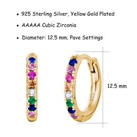 Small Round Cartilage Loop Earrings for Women, 925 Sterling Silver, with Round Cut Sparkling Cubic Zirconia, Basic Minimalist Jewellery for Women and Girls, Diameter: 12.5 mm, Silver, Yellow gold-plated