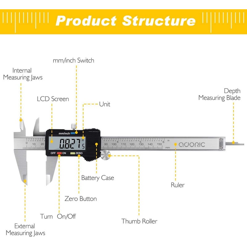 Adoric Digital Caliper, Electronic Digital Caliper Stainless Steel Body with