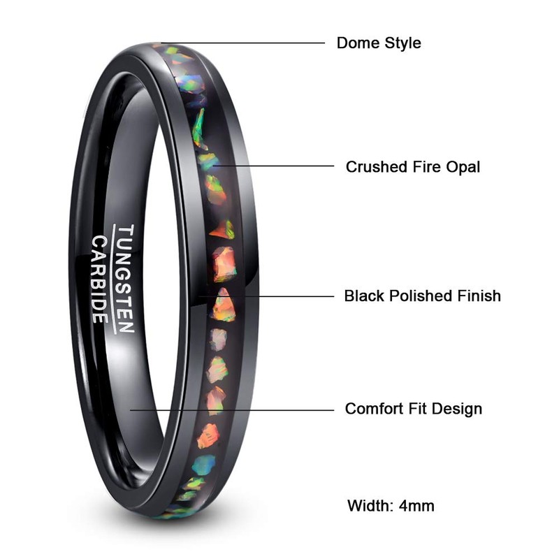 VAKKI 4mm Domed Crushed Opal Wedding Rings Black Tungsten Carbide