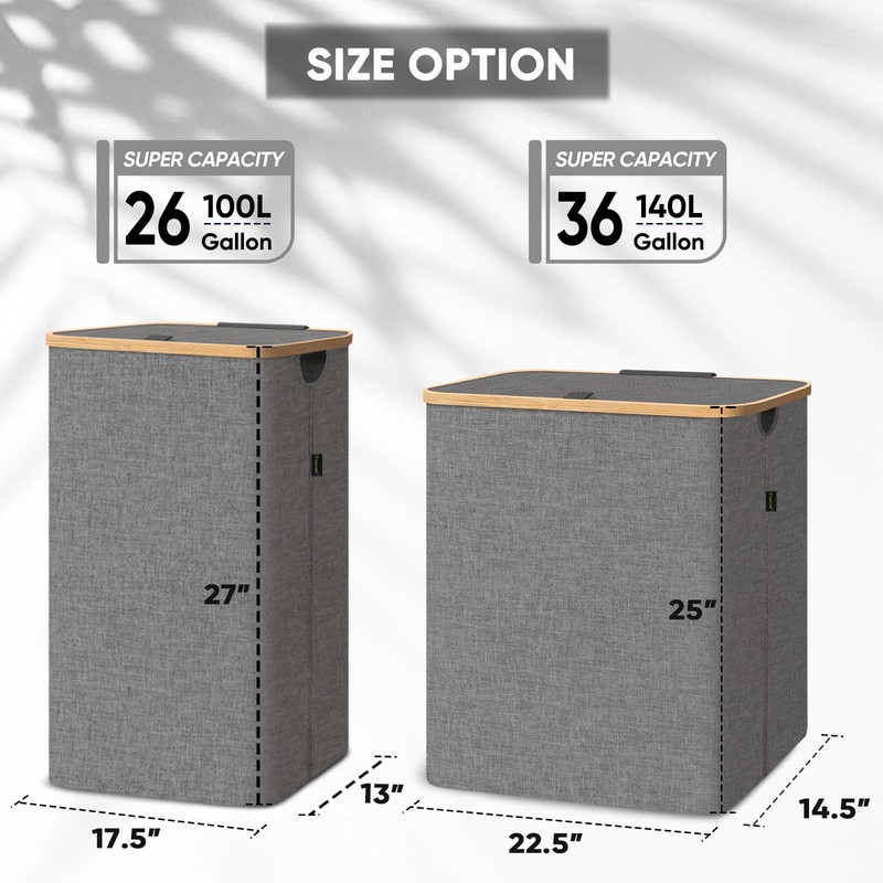 BALEINE Laundry Hamper with Lid, Tall Laundry Baskets with Bamboo