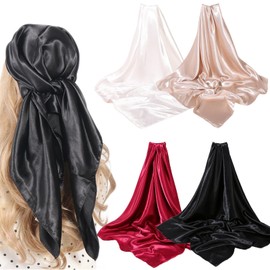 4Pieces 35" Satin Head Scarf Large Square Scarf Silk Feeling Fashion Hair Wrapping Scarves for Women Girls (4 Pieces)