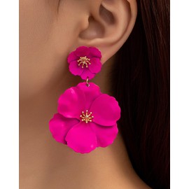 Hot Pink Flower Earrings for Women Large Pink Floral Stud Earrings Double-Layer Blossom Dangle Ear-rings Hypoallergenic Bohemian Flower Ear Jewelry Accessories Gifts