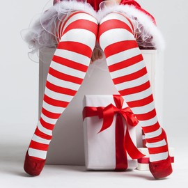 Eurzom Plus Size Christmas Striped Tights for Women Christmas Costume Adult Footed Leggings Red White Green(Red and White Stripe)