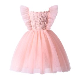 Tutu.kk Toddler Girl Tulle Dress Ruffled Sleeve Girls Smocked Dresses for Birthday Party, Wedding Pink 1-2T