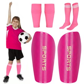 Soccer Shin Guards for Kids Youth Adults, Shin Pads Set with Shin Sleeves and Long Soccer Socks for Boys Girls Women, Lightweight Soccer Equipment (Rose Red, M)