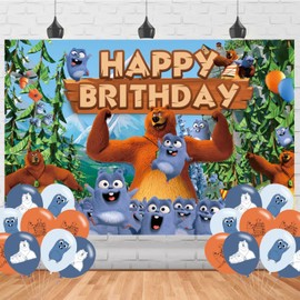 OUDINI Grizzy Themed Birthday Banner, 5ft x 3ft Backdrop with 18 Pcs Party Balloons, Brown