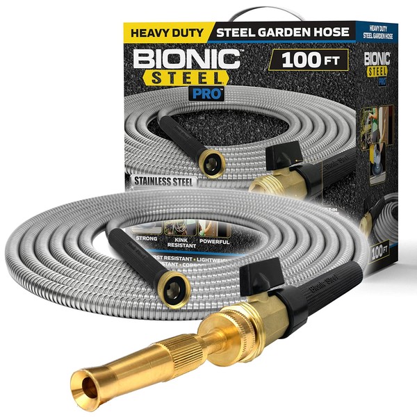 Bionic Steel PRO 100 FT Garden Hose, 304 Stainless Steel Metal Water Hose 100Ft, Flexible Hose, Kink Free, Ultra Lightweight and Durable, Crush Resistant Fitting, Easy to Coil, 500 PSI - 2023 Model