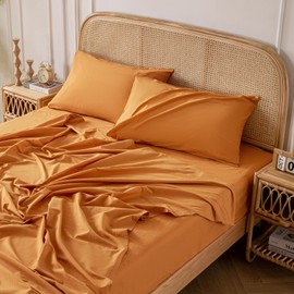 Yibeizi Orange 100% Washed Cotton Linen Feel Sheet Set Queen Size, 4 Pieces Deep Pocket Bed Sheets Soft Breathable Hotel Bedsheets