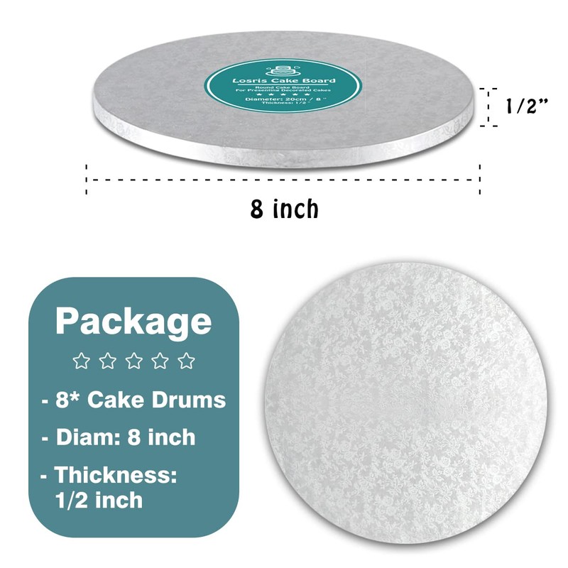 Silver Cake Drum Round 8 Inch Cake Boards with 1/2-Inch