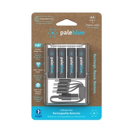 USB Rechargeable AA Batteries by Pale Blue, Lithium Ion 1.5v 1700 mAh, Charges Under 1 Hours, Over 1000 Cycles, 4-in-1 USB-A to USB-C Charging Cable, LED Charge Indicator, 4-Pack