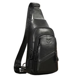 Hebetag Leather Sling Bag Hiking Daypack for Men Women Outdoor Travel Camping Fishing Crossbody Shoulder Chest Pack Backpack (Black)