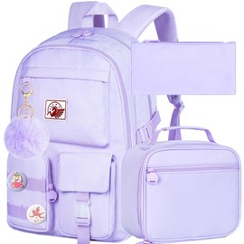 KLFVB Girls Backpack, 15.6 Inch Cute Aesthetic School Backpacks, Water Resistant Anti Theft College Bookbag for Women Teens Primary Students - Purple