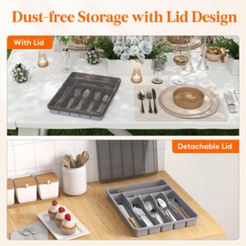 Lifewit Silverware Organizer with Lid, Covered Utensil Tray for Kitchen Drawer and Countertop, Plastic Cutlery and Flatware Storage Box for Spoons Forks Knives Holder Case, 29 x 37cm, Gray